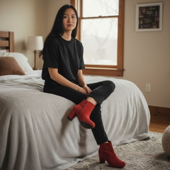 Women's Heel Ankle Boot Illude Casual Zip Up Bootie Suede Red  Round Toe Size 10 - Picture 9 of 9